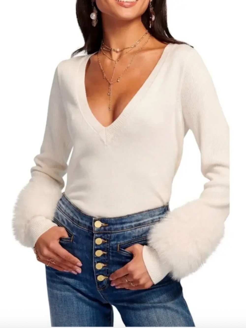 RAMY BROOK Brody Faux Fur Trim Wool & Cashmere Sweater - S